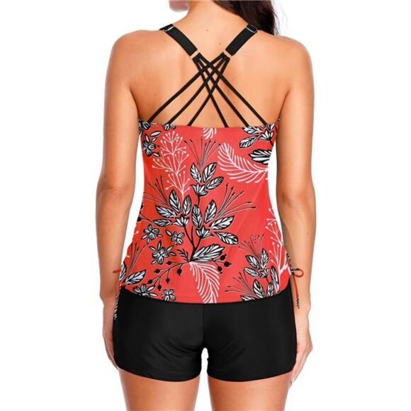 Women's Red Floral Tankini Swimsuit Set - Tummy Control, Padded Bra, Boyshorts - Picture 2 of 5